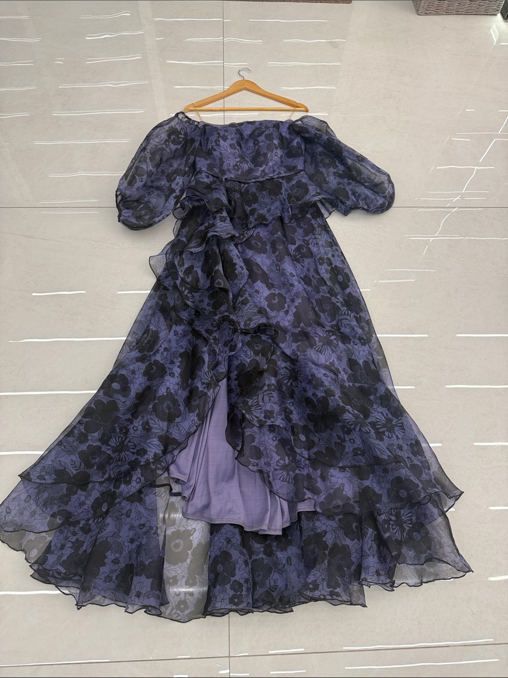 Sheer Floral Ruffled Maxi Dress in Navy and Black